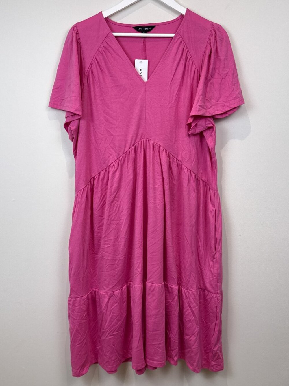 Lane Bryant Pink Flutter Sleeve V-Neck Tiered T-Shirt Midi Dress Plus Size 1X